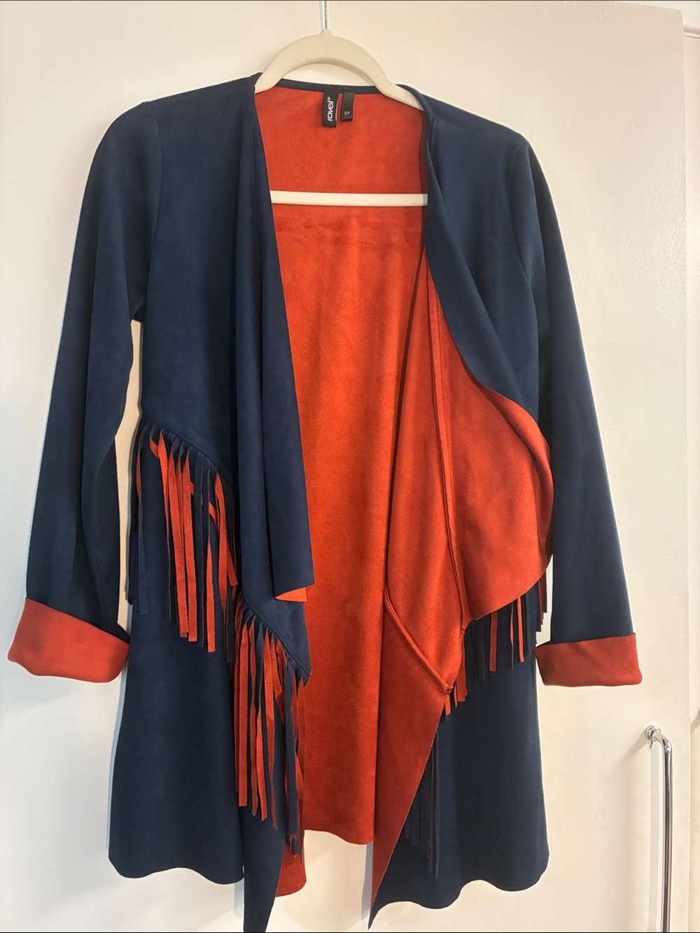 ravel Navy and Rust Suede-Feel Tasseled open front Jacket (color is more rust)